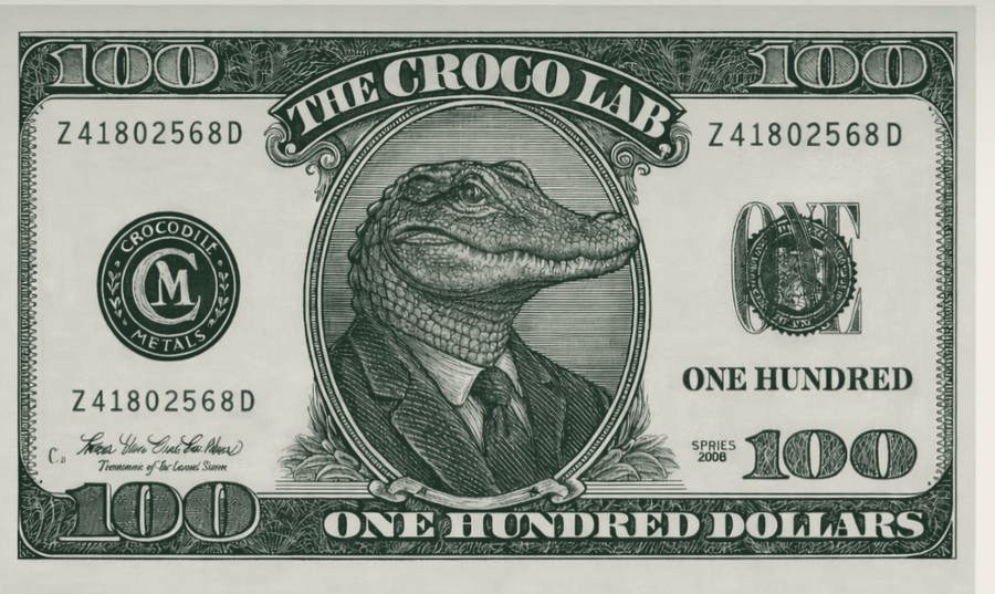The Croco Lab engraved hundred-dollar mark — a crocodile in a suit, printed in banknote-green ink